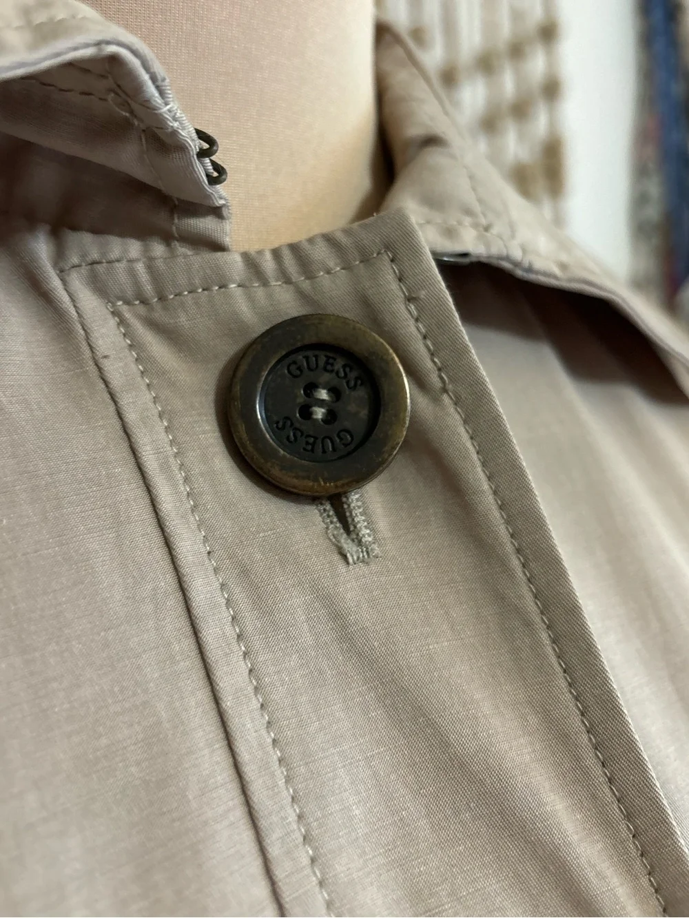 Y2K Vintage Guess Khaki Button Down Ruffle Hem Long Sleeve Belted Trench Jacket